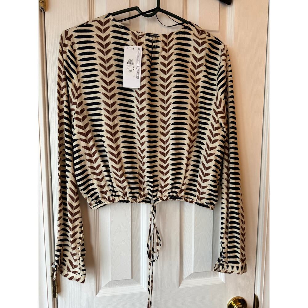 PRIMARK Women's Long Sleeve Blouse Size 8 Patterned Lightweight‎ Beige and Black